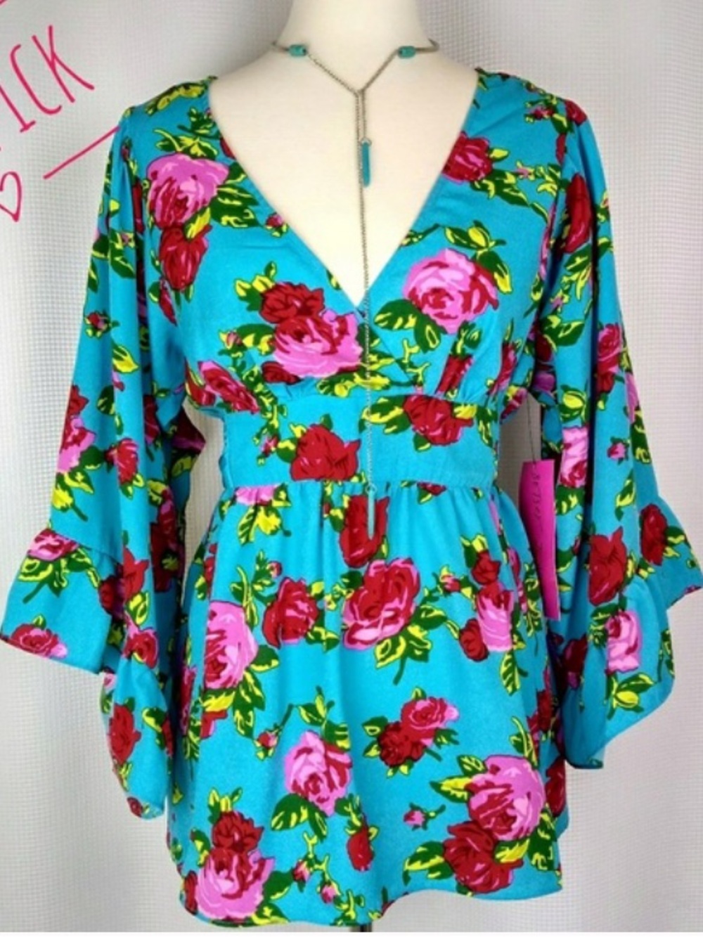 Betsey Johnson blue and pink floral boho top XL